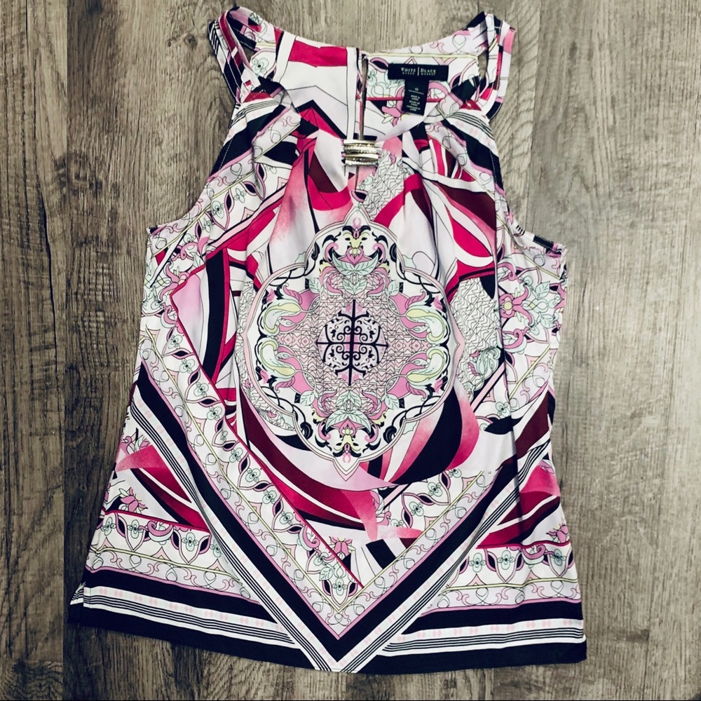 White House Black Market Print 100% Silk Blouse 10